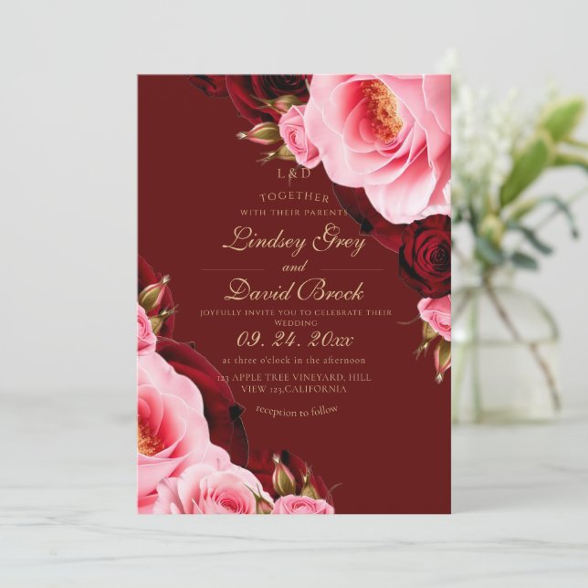Modern Divine Rose Blushing Red Wedding Invitation (Standing Front)