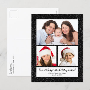 Modern DIY 3 Photo Name Year Script Snowy Black Holiday Postcard