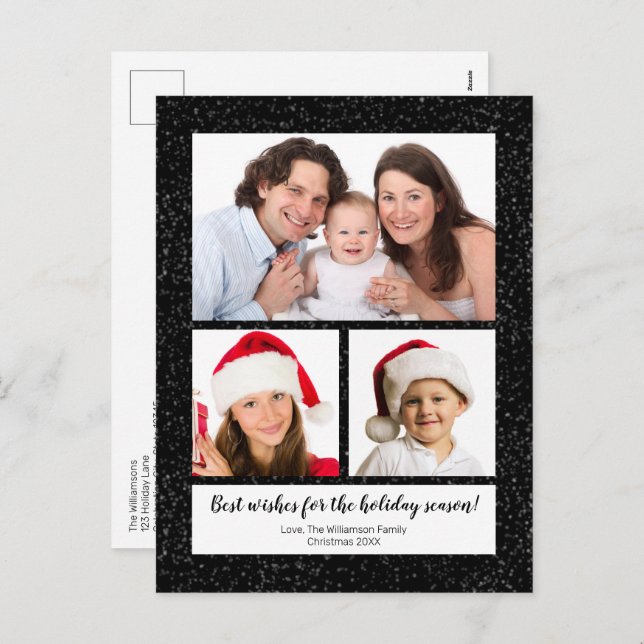 Modern DIY 3 Photo Name Year Script Snowy Black Holiday Postcard (Front/Back)