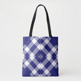 Modern Dk Blue White Purple Checked Shoulder Tote Bag