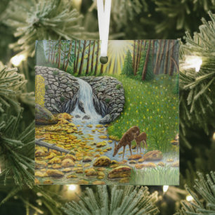 Modern Doe and Fawn Glass Tree Decoration