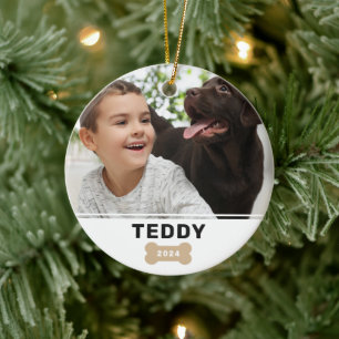 Modern Dog Bone Custom Puppy Name Photo Ceramic Tree Decoration
