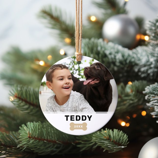 Modern Dog Bone Custom Puppy Name Photo Ornament (Creator Uploaded)