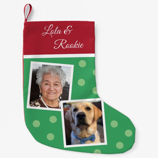 Modern Dog Lover 2 Photos Christmas Name Red Green Small Christmas Stocking (Front)