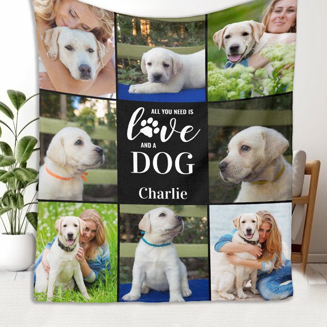 Modern Dog Lover Pet Personalised 8 Photo Collage Fleece Blanket (Creator Uploaded)
