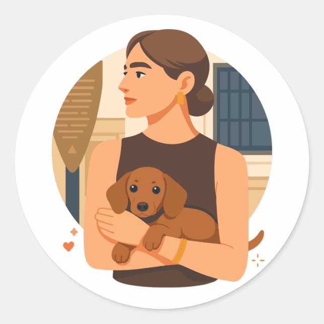 Modern Dog Mom Aesthetic With Cute Puppy Classic Round Sticker (Front)