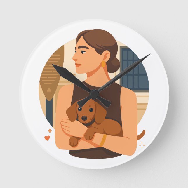 Modern Dog Mom Aesthetic With Cute Puppy Round Clock (Front)