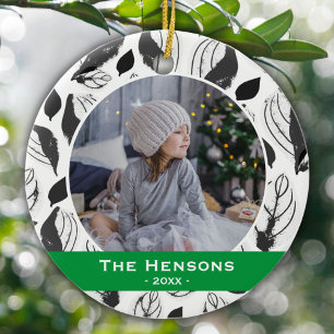 Modern Dog Pet Photo B&W Leaf Pattern Christmas Ce Ceramic Tree Decoration