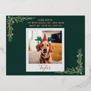 Modern Dog Photo Christmas Foil Holiday Postcard