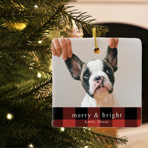 Modern Dog Photo Red Buffalo Plaid Ceramic Ornament