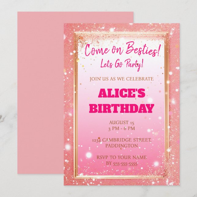 Modern Doll Pink Glitter Birthday Invitation (Front/Back)