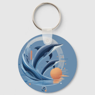 Modern Dolphin Wave – Futuristic Ocean Art Colou Key Ring