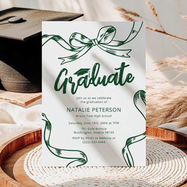 Modern Doodle Green Bow Graduation Party Invitation (Creator Uploaded)