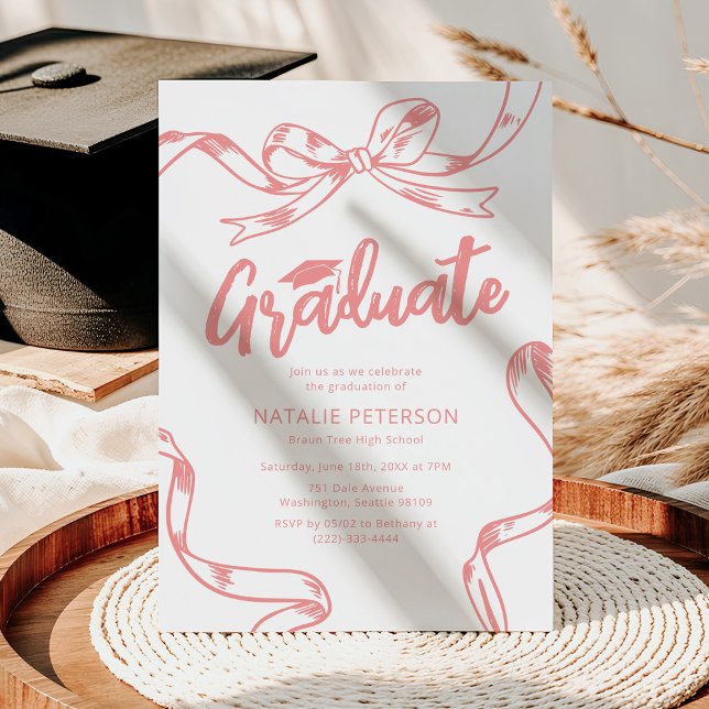 Modern Doodle Pink Bow Graduation Party Invitation (Creator Uploaded)