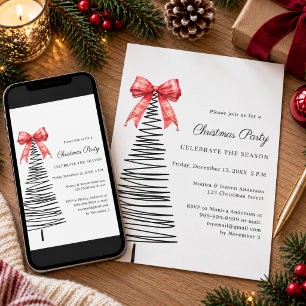 Modern doodle tree red tartan bow Christmas Party Invitation
