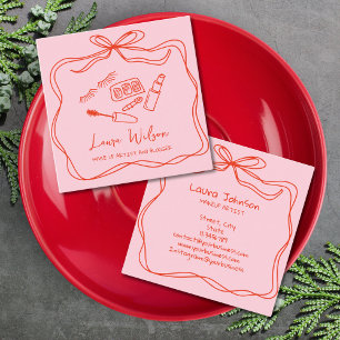 Modern Doodle Whimsical Makeup Artist Red Pink Bow Square Business Card