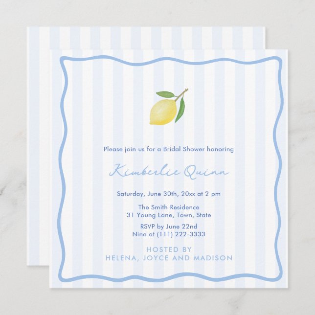 Modern Doodles And Stripes Lemon Bridal Shower Invitation (Front/Back)