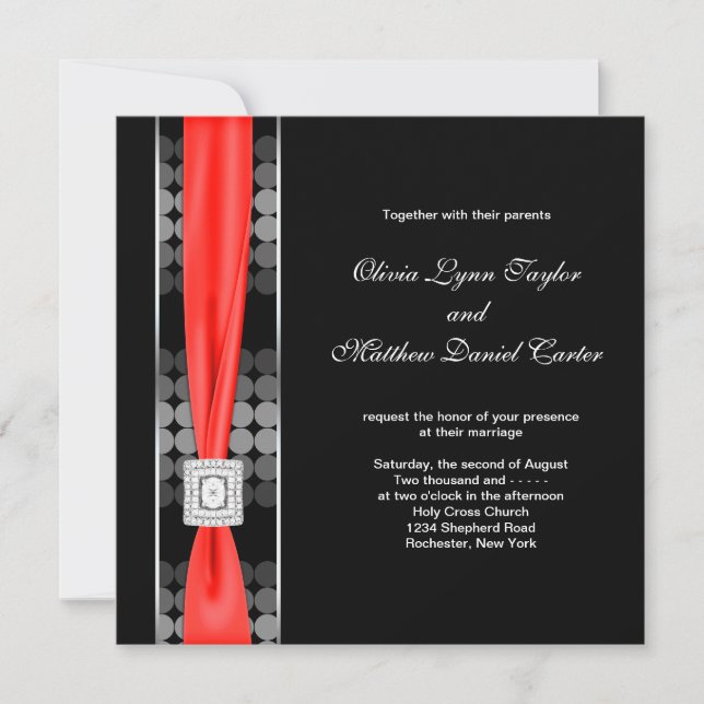 Modern Dot Black White Red Black Wedding Invitation (Front)