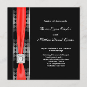 Modern Dot Black White Red Black Wedding Invitation