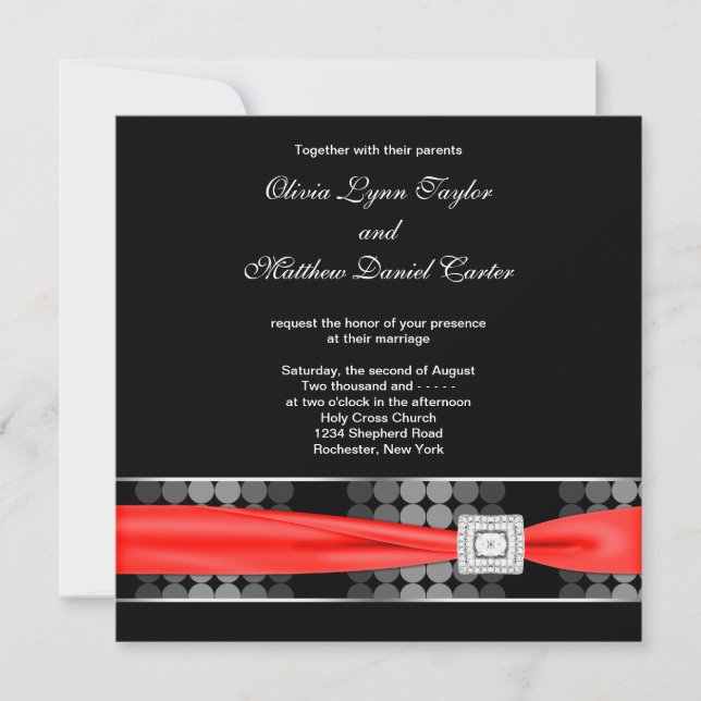 Modern Dot Black White Red Classy Black Wedding Invitation (Front)