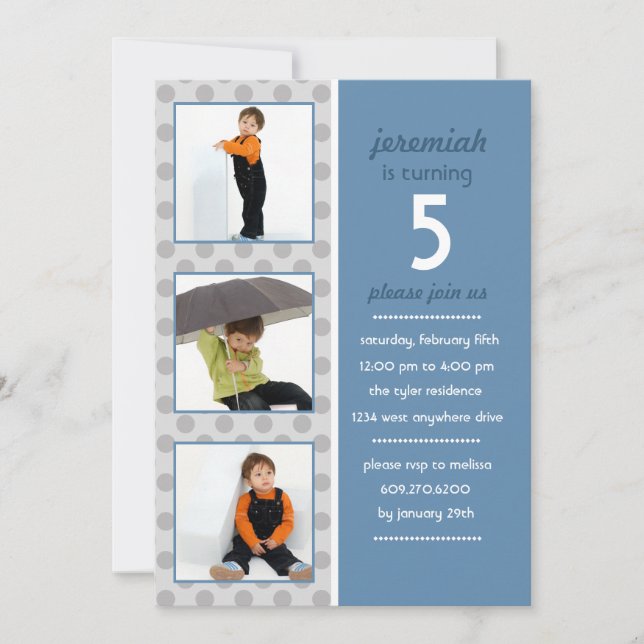 Modern Dot Photo Birthday Invitation (Steel Blue) (Front)