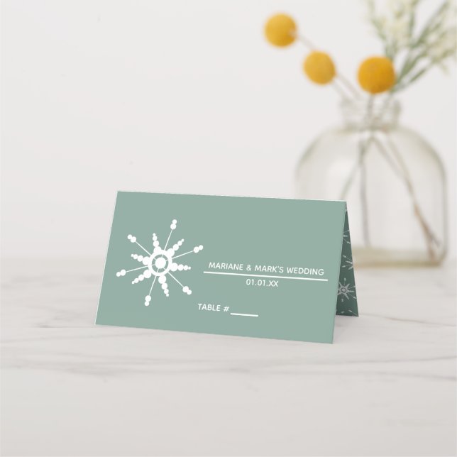 Modern Dot Snowflakes Winter Wedding Soft Green Place Card (Front)