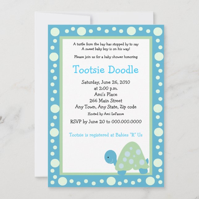 Modern Dot Turtle 5x7 Aqua/Green Baby Shower Invitation (Front)