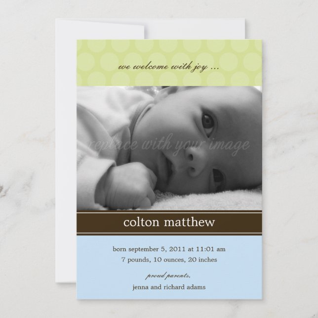 Modern Dots Birth Announcement - Blue (Front)