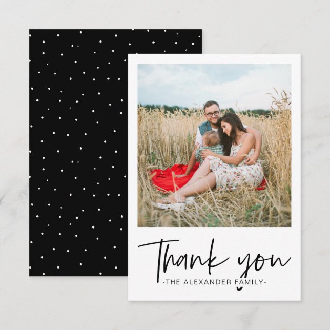 Modern Dots Black and White Thank You Script Photo Card (Front/Back)