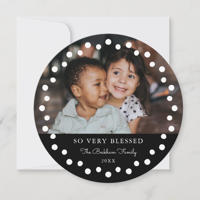 Modern Dots Frame Black Ornament 2 Photo Holiday Card (Front)