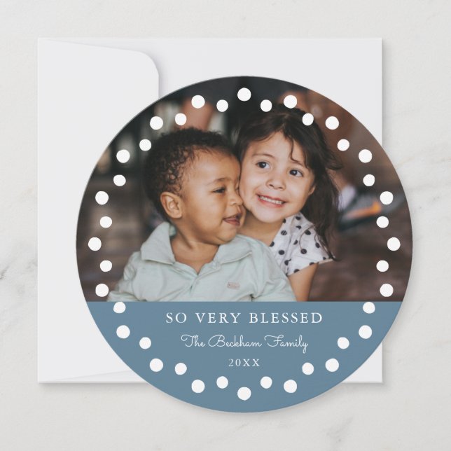 Modern Dots Frame Blue Ornament 2 Photo Holiday Card (Front)