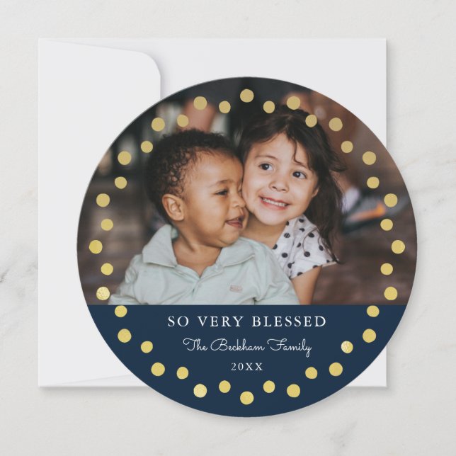 Modern Dots Frame Ornament Gold Navy 2 Photo Holiday Card (Front)