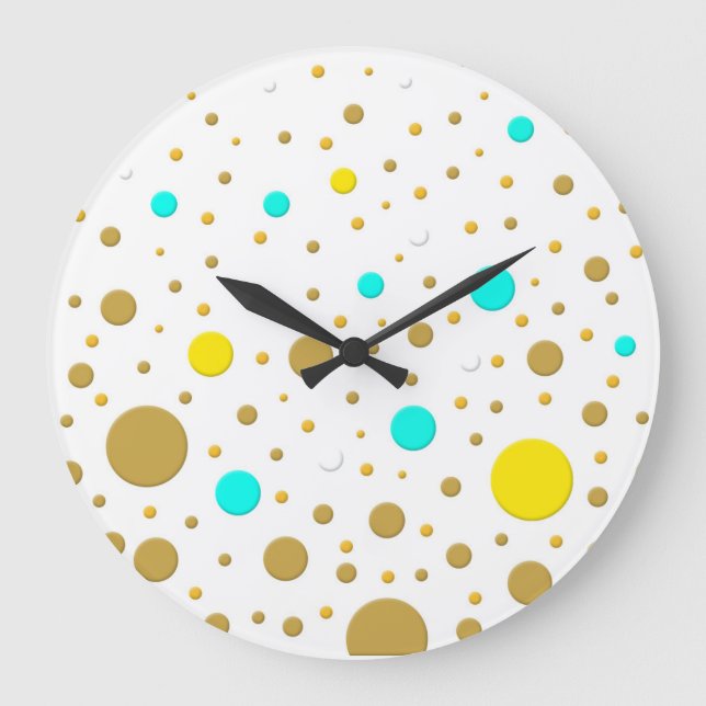 Modern Dots Turquoise Yellow White Gold Fun Design Large Clock (Front)