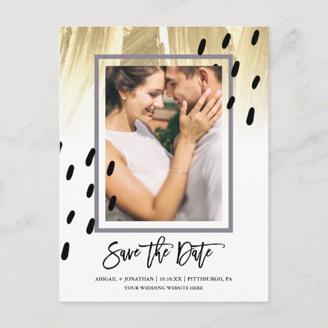 Modern Dots with Brush Strokes Save the Date Invitation Postcard (Front)