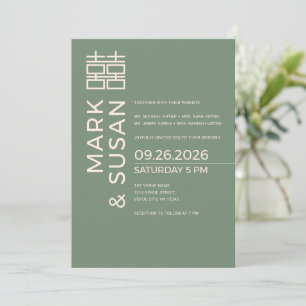 Modern Double Happiness Sage Green Wedding Invitation
