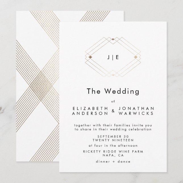 Modern Double Monogram Geometric Gold Wedding Invitation (Front/Back)