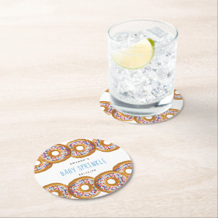 Modern Doughnut Boys Baby Shower Sprinkle Round Paper Coaster