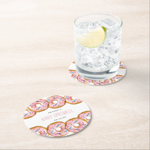 Modern Doughnut Girls Baby Shower Sprinkle Round Paper Coaster