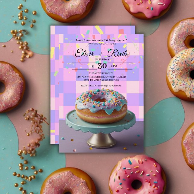 Modern Doughnut Sprinkles Chequered Baby Shower Invitation (Creator Uploaded)