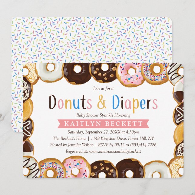 Modern Doughnuts & Diapers Baby Shower Sprinkle Invitation (Front/Back)