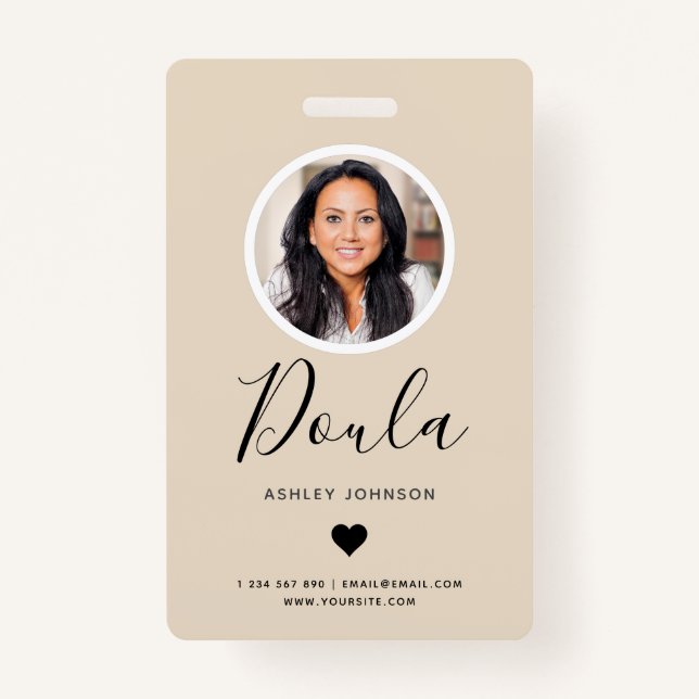 Modern Doula Midwife Add Your Photo Cream Beige  ID Badge (Front)
