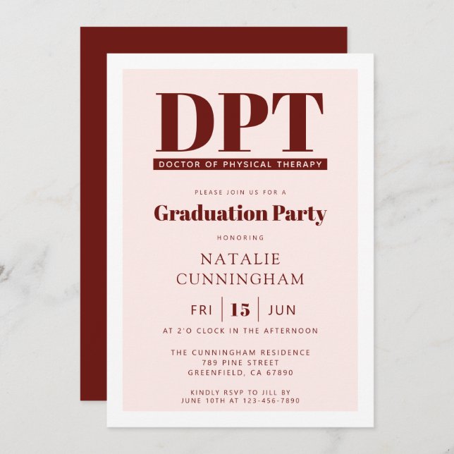 Modern DPT Doctor of Physical Therapy Graduation Invitation (Front/Back)
