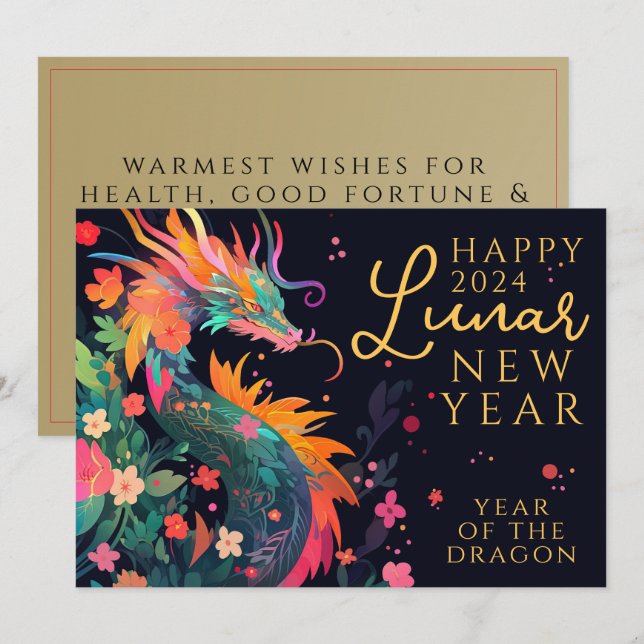Modern Dragon Chinese Lunar New Year Floral Holiday Card (Front/Back)