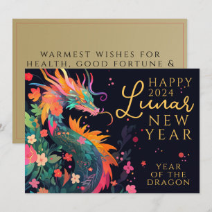 Modern Dragon Chinese Lunar New Year Floral Holiday Card