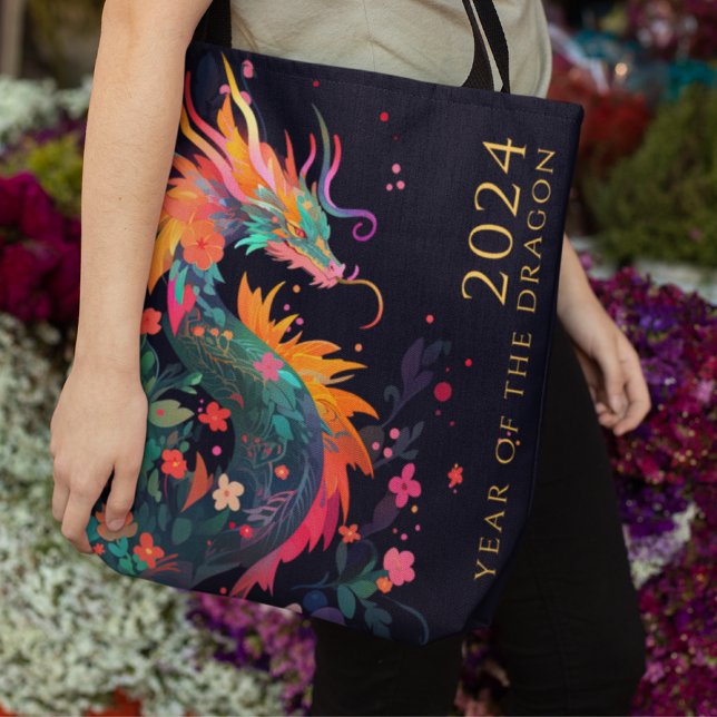 Modern Dragon Chinese New Year Monogram Floral Tote Bag (Creator Uploaded)