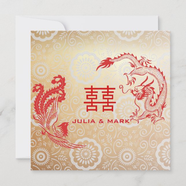Modern Dragon-Phoenix Chinese Wedding Gold Red Invitation (Front)