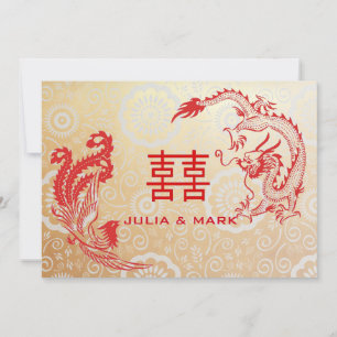 Modern Dragon-Phoenix Chinese Wedding Gold Red Invitation