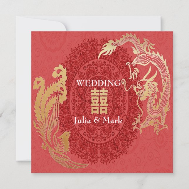 Modern Dragon-Phoenix Chinese Wedding Invite Red (Front)