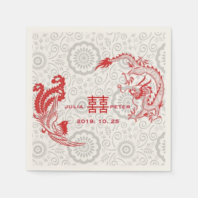 Modern Dragon-Phoenix Personalised Chinese Wedding Napkin (Front)