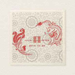 Modern Dragon-Phoenix Personalised Chinese Wedding Napkin